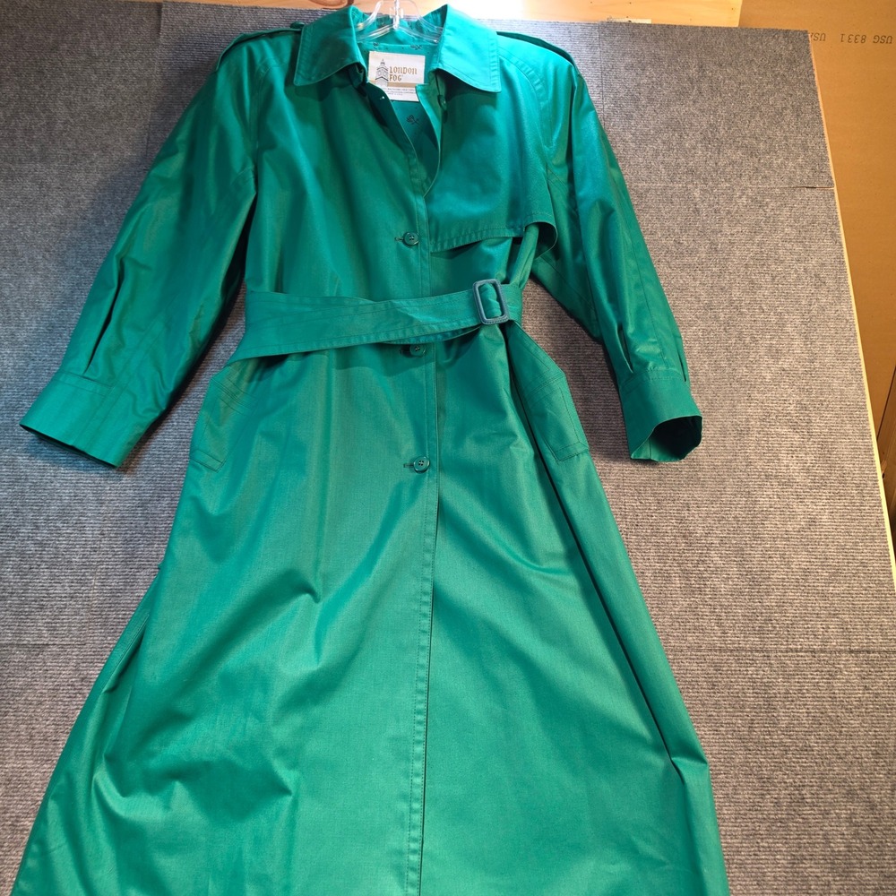 London Fog Trench Coat Women 8 Pet Green Good Vintage Belted Long Raincoat USA
